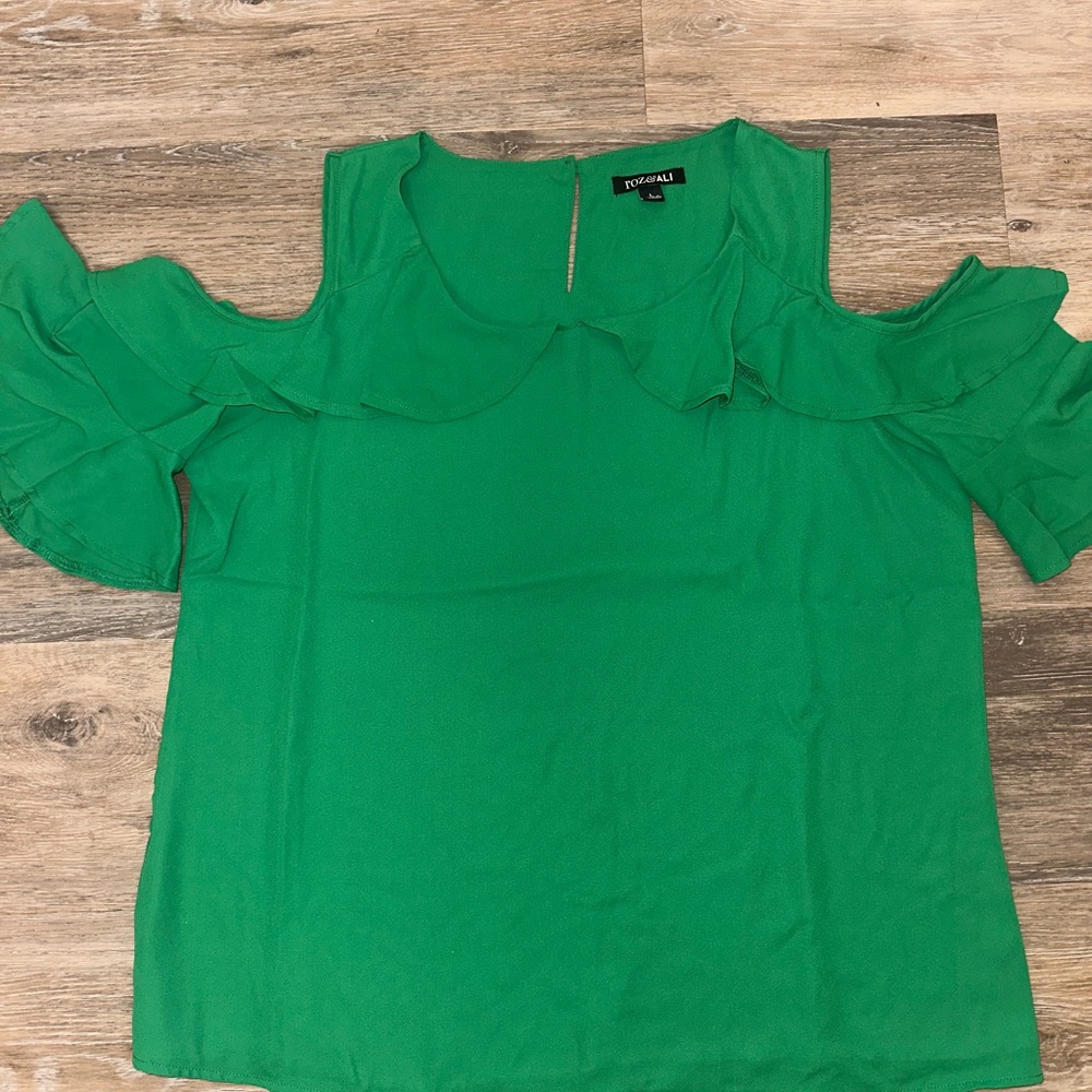Roz & Ali Emerald Green Cold-Shoulder Ruffle Blouse Size L